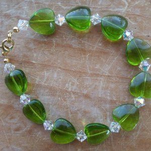 Green Hearts with Crystals Beaded Bracelet - NEW!